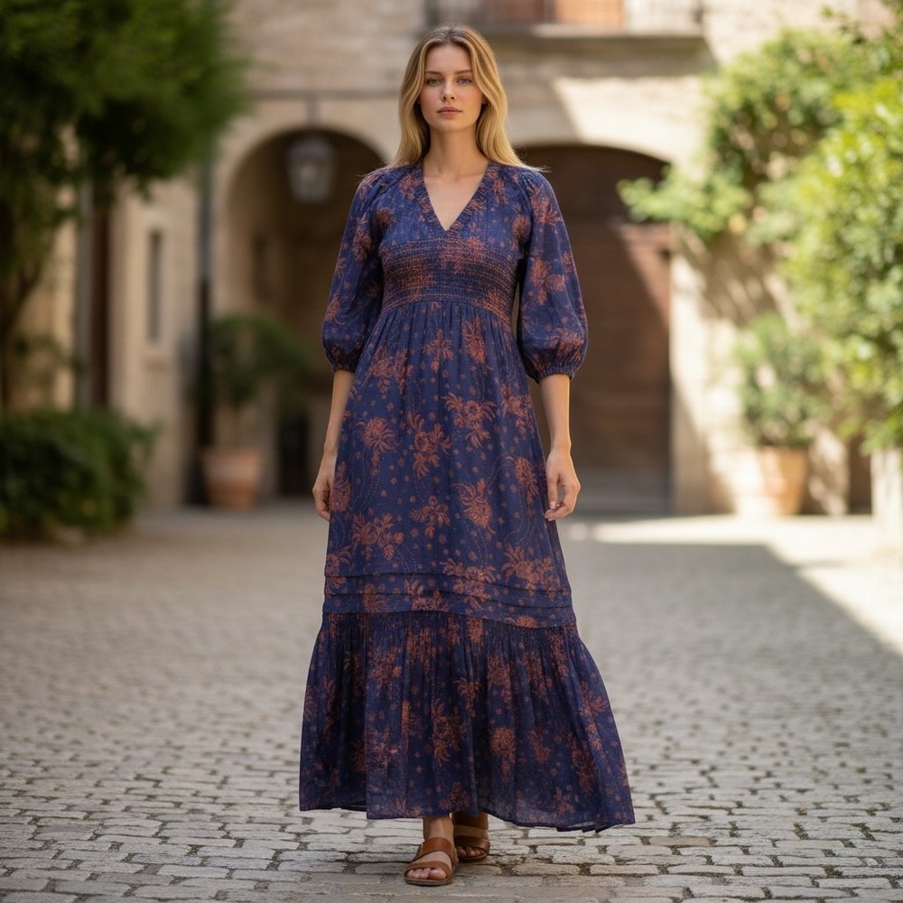 Free People Floral Smocked Maxi Dress Navy‎ Blue Rust Balloon Sleeve Boho V-Neck